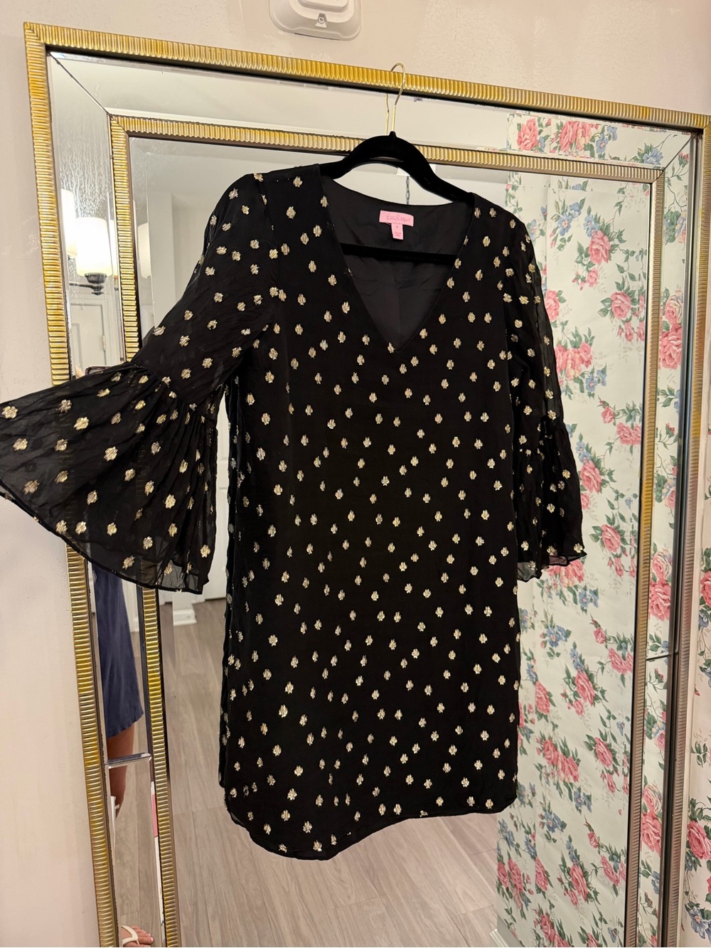 Lilly Pulitzer Black V-Neck Dress with Gold Dot Print